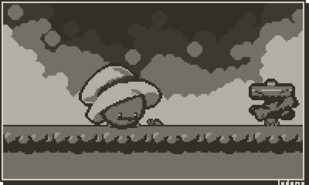 A boulder mage looking at a snail with a cloudy background and a broken fence post.