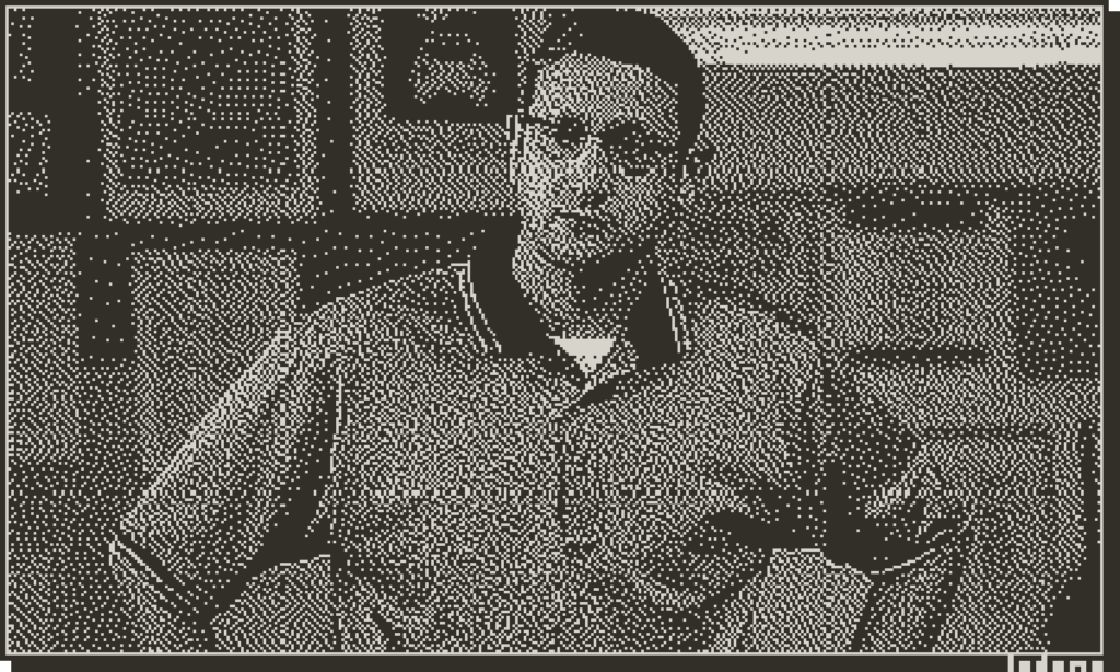 Tim Robinson from ITYSL's table sketch. Dithered 1-bit