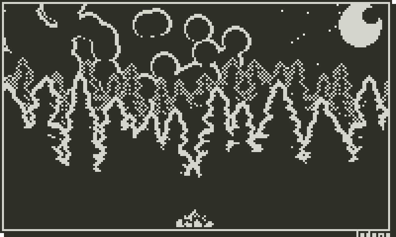 Pixel art of a campfire flickering. There are trees, clouds, and a crescent moon in the background.