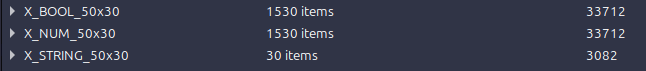 A screenshot of a dataset preview showing three labeled datasets:
X_BOOL_50x30: 1530 items, total size 33,712
X_NUM_50x30: 1530 items, total size 33,712
X_STRING_50x30: 30 items, total size 3,082